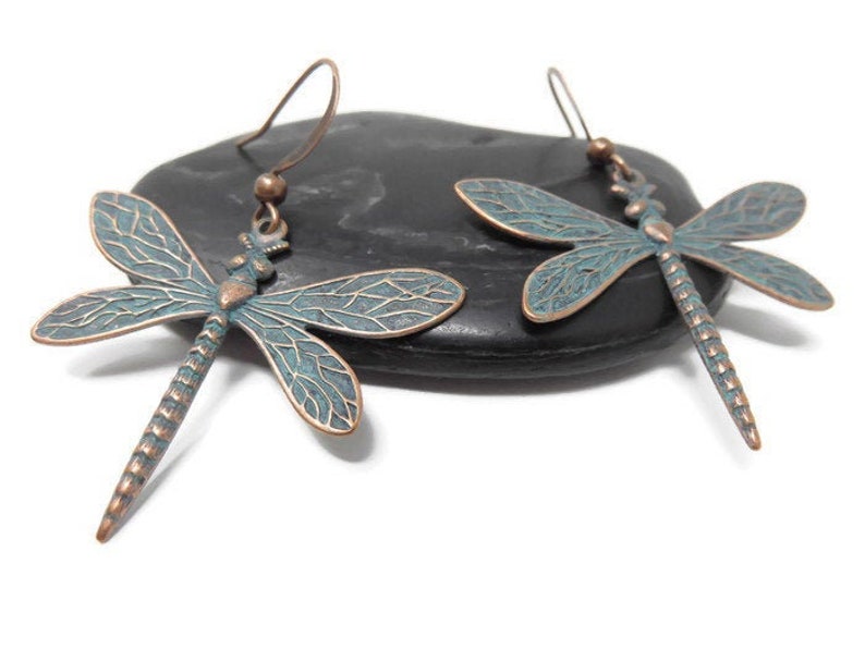Patina copper dragonfly earrings.