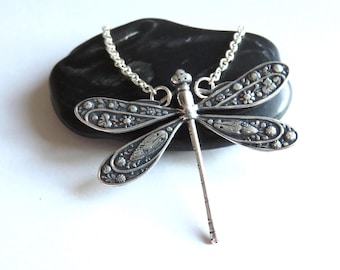 Big Dragonfly Necklace - Antiqued Silver Dragonfly Jewelry, Cottagecore Necklace, Bohemian Jewelry, Vintage Inspired Dragonfly Pendant, Twee