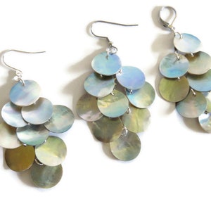 3 iridescent mussel shell earrings showing the variety in the color of the shells and 3 different ear wire options.