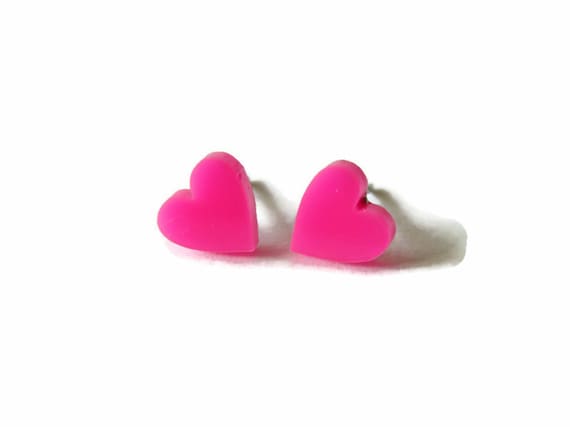 Hot Pink Heart Earrings, Small Pink Heart Stud Earrings Hypoallergenic Stainless Steel, Valentine's Day Gift For Girlfriend, Heart Jewelry
