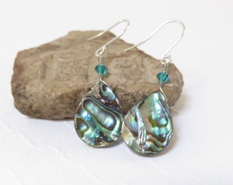 Turquoise Paua Shell Earrings - Paua Earrings, Beach Wedding Jewelry, Teardrop Abalone Shell Earrings, Paua Shell Jewelry, Abalone Earrings