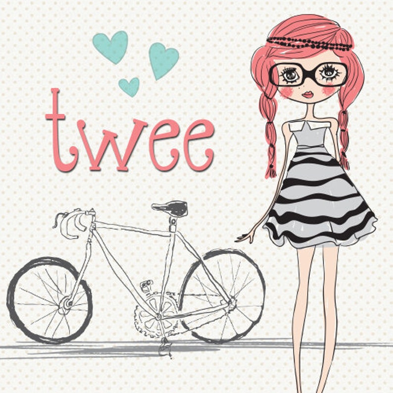 Twee shop logo showing a quirky artist drawing of a girl with braids and glasses wearing a striped dress and standing next to a bicycle.