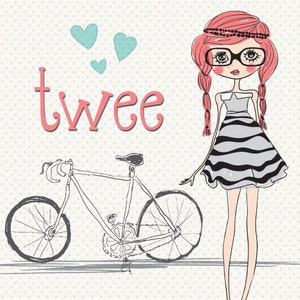 May include: Illustration of a girl with pink hair, glasses, and a striped dress, standing next to a bicycle. The word "twee" is in pink, with three blue hearts above the bicycle.