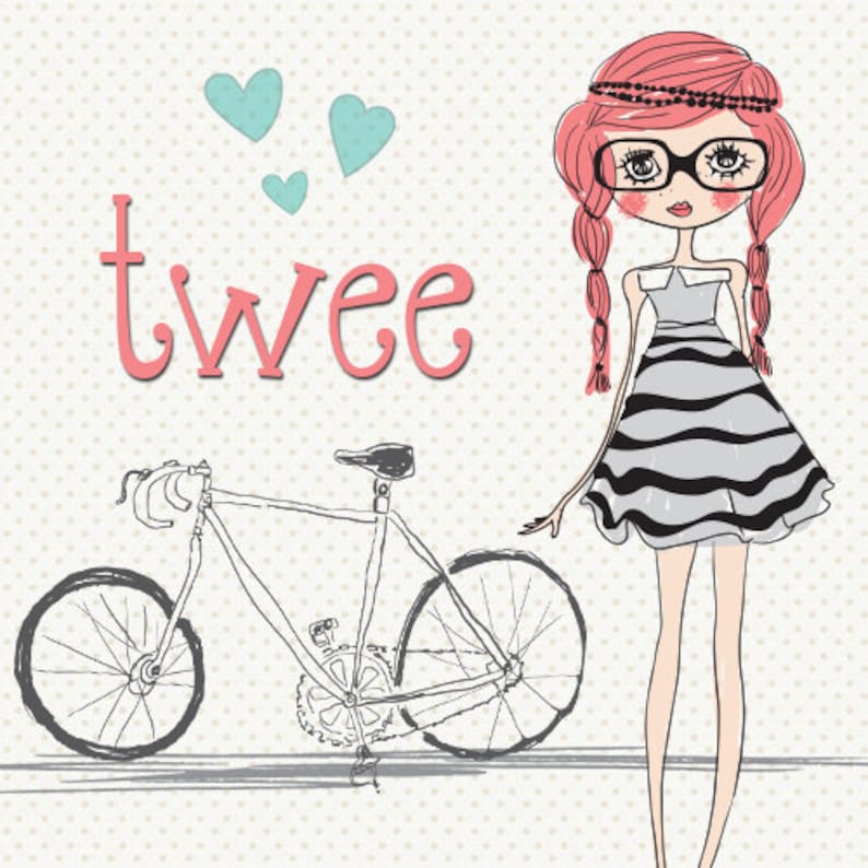 May include: Illustration of a girl with pink hair, glasses, and a striped dress, standing next to a bicycle. The word "twee" is in pink, with three blue hearts above the bicycle.