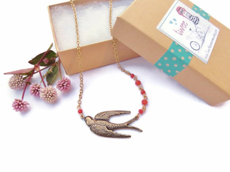 Antiqued Gold Sparrow Necklace With Orange Crystal Beads Asymmetrical Gold Bird Necklace You Choose Length Bird Jewelry Gift For Birder