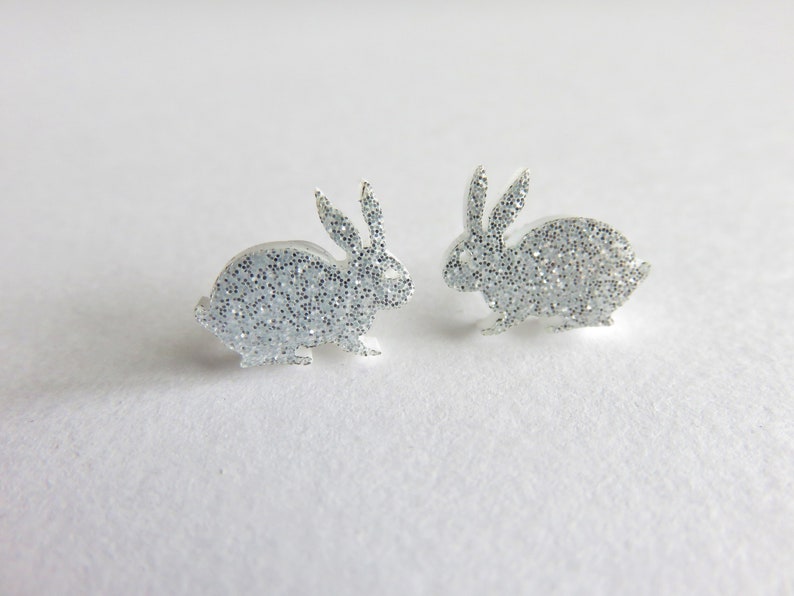 Silver Bunny Earrings On Hypoallergenic Studs You Choose Backs Silver Glitter Rabit Stud Earrings, Laser Cut Kawaii Jewelry, Easter Gift image 2