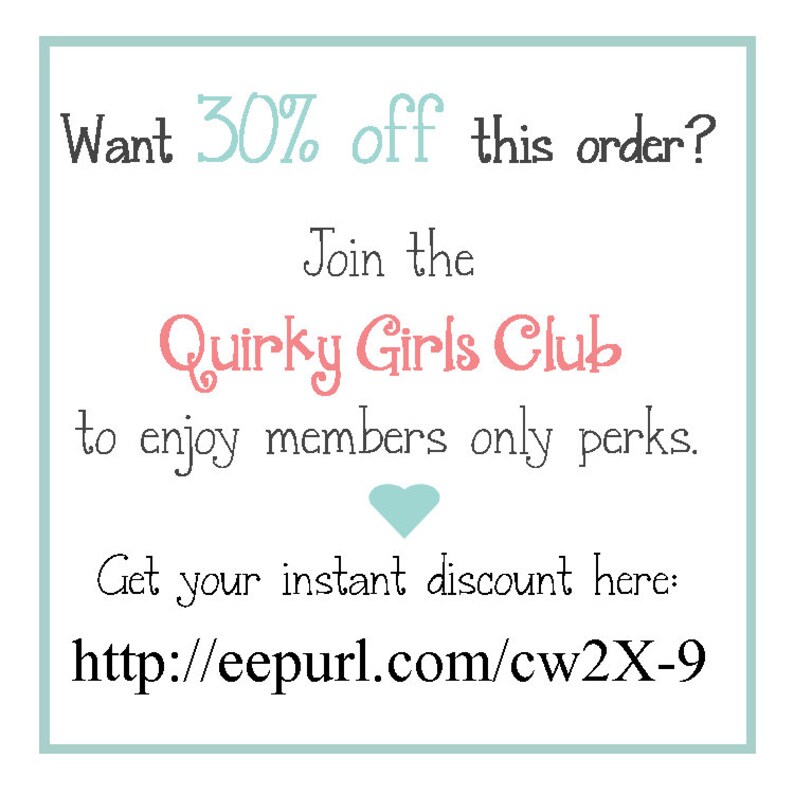Puede incluir: Un gr&aacute;fico rosa y blanco con el texto "&iquest;Quieres un 30% de descuento en este pedido? &Uacute;nete al Quirky Girls Club para disfrutar de ventajas exclusivas para miembros. Obt&eacute;n tu descuento instant&aacute;neo aqu&iacute;: http://eepurl.com/cw2X-9"