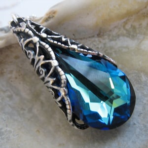 Crystal Teardrop Necklace In Bermuda Blue You Choose Length - Silver Filigree Wrapped Crystal Necklace, Bridesmaid Jewelry Gifts