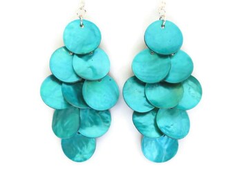 Aqua Blue Long Shell Dangle Earrings - You Choose Ear Wires, Turquoise Mussel Shell Chandelier Earrings, Bridesmaid Beach Wedding Jewelry