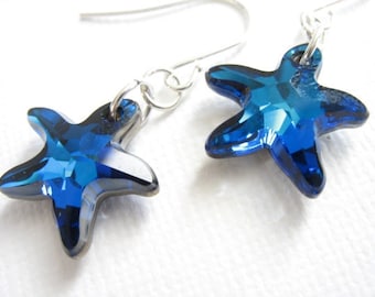 Bermuda Blue Crystal Starfish Earrings You Choose Ear Wire, Sterling Silver, Hypoallergenic, Lever Back, Beach Wedding Bridesmaid Jewelry