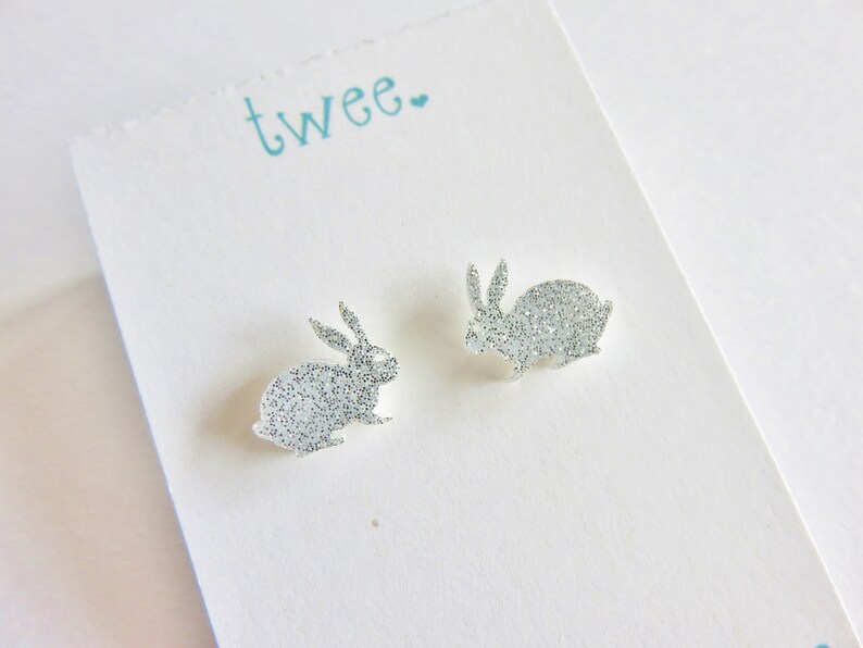 Silver Bunny Earrings On Hypoallergenic Studs You Choose Backs Silver Glitter Rabit Stud Earrings, Laser Cut Kawaii Jewelry, Easter Gift image 3