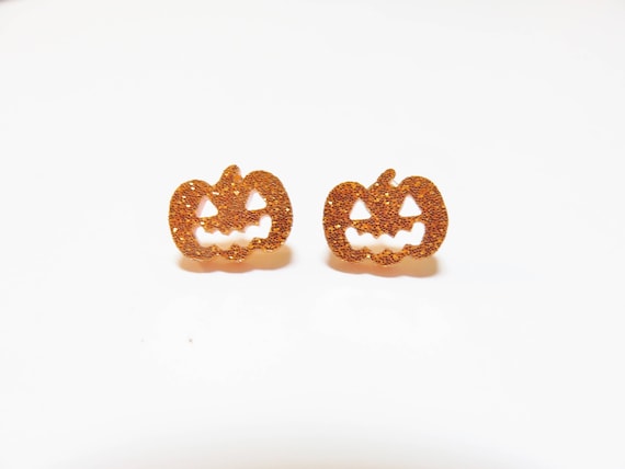Halloween Pumpkin Stud Earrings On Stainless Steel Posts You Choose Backs, Laser Cut Orange Glitter Jack-O-Lantern Earrings, Costume Jewelry