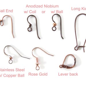 May include: A close-up of eight different earring hook styles, including ball end, anodized niobium with coil and ball, long kidney, stainless steel with copper ball, rose gold, and lever back.