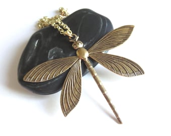 Big Gold Dragonfly Necklace With Gold Leaf Brass Chain You Choose Length, Dragonfly Jewelry, Cottagecore Necklace, Insect Jewelry
