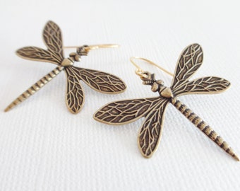 Big Dragonfly Earrings In Antiqued Gold You Choose Ear Wires - 14K Gold, Lever Back, Dragonfly Jewelry, Insect Jewelry, Cottagecore Jewelry