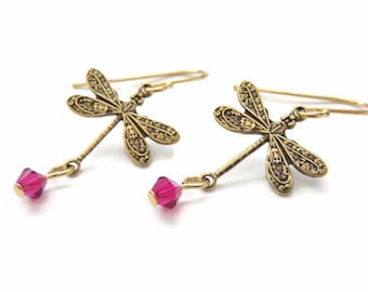 Gold Dragonfly Earrings w/ Ruby Swarovski® Crystals You Choose Ear Wires, 14K Gold, Lever Back, Antiqued Brass, Dragonfly Jewelry Gifts