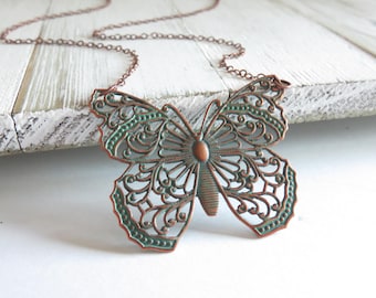 Big Copper Butterfly Necklace With Verdigris Patina - Butterfly Necklace, Copper Filigree Butterfly Necklace, Big Butterfly Necklace