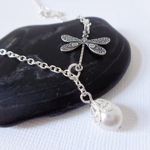 Dainty Dragonfly Necklace With White Swarovski® Crystal Pearl You Choose Length, Silver Dragonfly Pendant, Cottagecore Insect Jewelry, Twee
