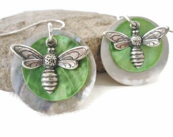 Silver Bee Earrings With Natural & Green Mussel Shells You Choose Ear Wires, Sterling Silver, Hypoallergenic, Cottagecore Insect Jewelry