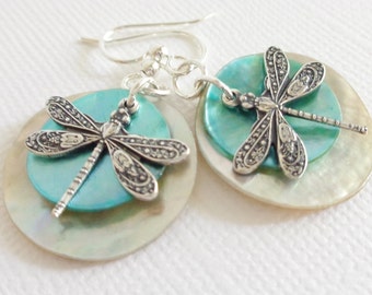 Light Turquoise Dragonfly Earrings With Mussel Shell Discs You Choose Ear Wires, Sterling Silver Dragonfly Jewelry, Dragonfly Gifts For Her