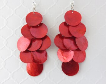 Long Red Mussel Shell Chandelier Earrings You Choose Ear Wires, Sterling Silver, Hypoallergenic, Lever Back, Red Shell Earrings, Valentine's