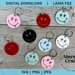 Lightning Smiley Face Llavero Glowforge Láser SVG Archivo Digital