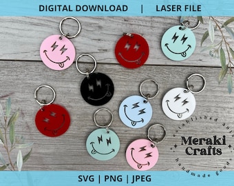 Lightning Smiley Face Keychain Glowforge Laser SVG Digital File