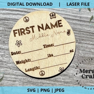 Hippie Baby Birth Stats Sign Glowforge Laser SVG Digital File
