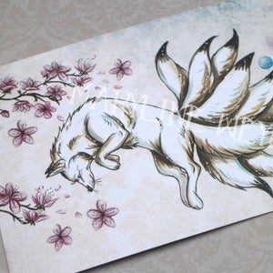 Carte Postale renard japonais kitsune et cerisier