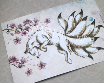 Postkarte Japanischer Fuchs Kitsune und Kirschbaum