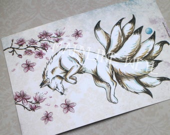 Postcard Japanese fox kitsune and cherry tree