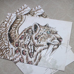 carte postale "le grimoire des étranges créatures"- smilodon des neiges