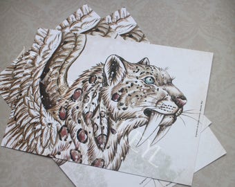 carte postale "le grimoire des étranges créatures"- smilodon des neiges