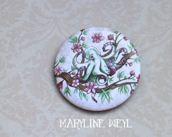 badge broche pieuvre et fleurs