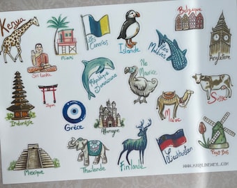 A5 sheet of country travel stickers