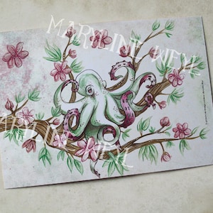 postcard &quot;the grimoire of strange creatures&quot; - octopus and cherry tree