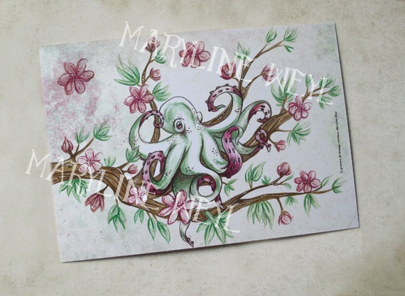 ポストカード「奇妙な生き物たちのグリモア」～タコと桜～ - Etsy 日本