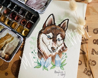 Husky watercolor dog portrait