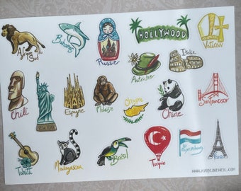 Stickers planche A5 voyage, pays
