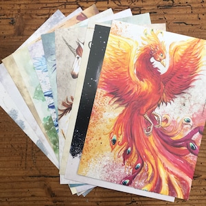 Lot de 10 cartes postales (chat, dragon, loup, licorne, phénix, renard)*