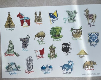 A5 sheet of country travel stickers