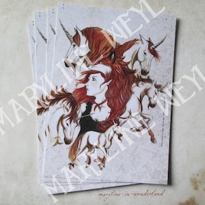 Unicorn and red fairy postcard
