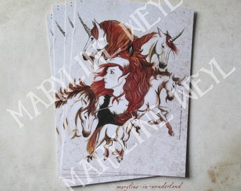Unicorn and red fairy postcard
