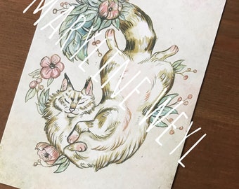 Carte postale chat et fleurs