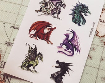 May include: A sheet of stickers featuring six different dragon illustrations. The dragons are in various colors, including red, purple, green, and black. The dragons have wings and are in different poses.