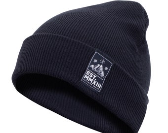 Rough Beanie - Mütze, Strickmütze mit Echt-Leder Veredelung (Manufaktur13/M13) (Navy)