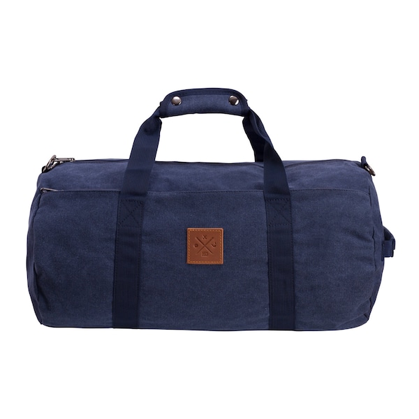 Canvas Barrel Bag - Sporttasche, 24 Liter, Duffel Bag Umhängetasche/Seesack mit Echt-Leder Veredelung (Navy)