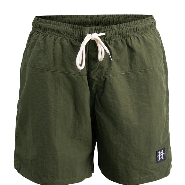 Swim Shorts - Badehose, kurz, schnell trocknend, Männer/Herren, Bermuda Short, Kurze Hose mit Netz, Gesäßtasche mit Reißverschluss(Olive)