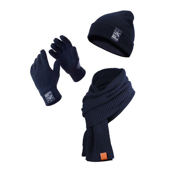 Winter Kombi Set Navy-scarf, cap & gloves, 3-piece kit made of knitted scarf, beanie and winter gloves, 3 in 1 (manufactor13)