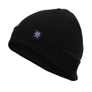 M13 Double Sided Cotton Beanie - 2-in-1 Slouch/Cuffed Cotton Beanie Hat, Knitted Hat with Embroidery Finishing 100% Organic Cotton(Black)